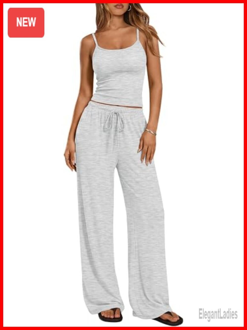 2 Piece Lounge Set - Camisole Top & Wide Leg Pants, Spaghetti Strap, Drawstring
